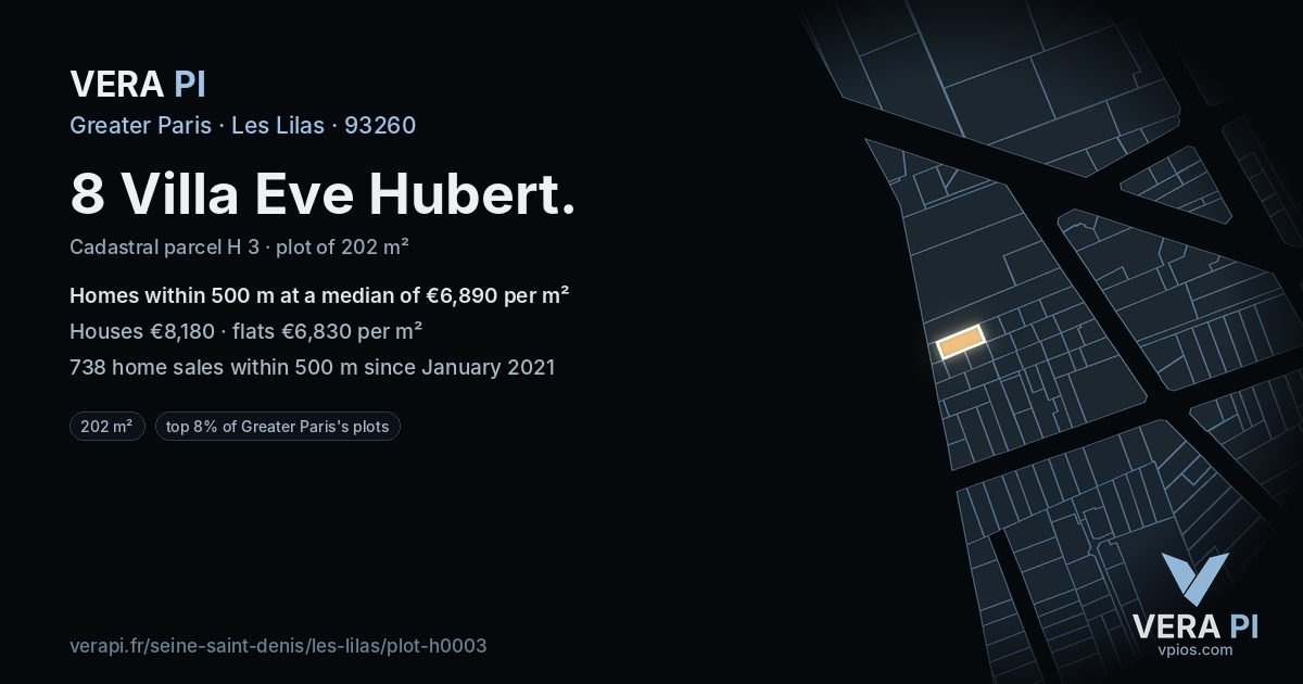 8 Villa Eve Hubert, Les Lilas at night – the plot lit, the parcels around coloured by the prices near them