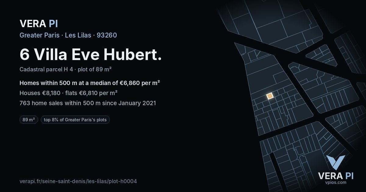 6 Villa Eve Hubert, Les Lilas at night – the plot lit, the parcels around coloured by the prices near them