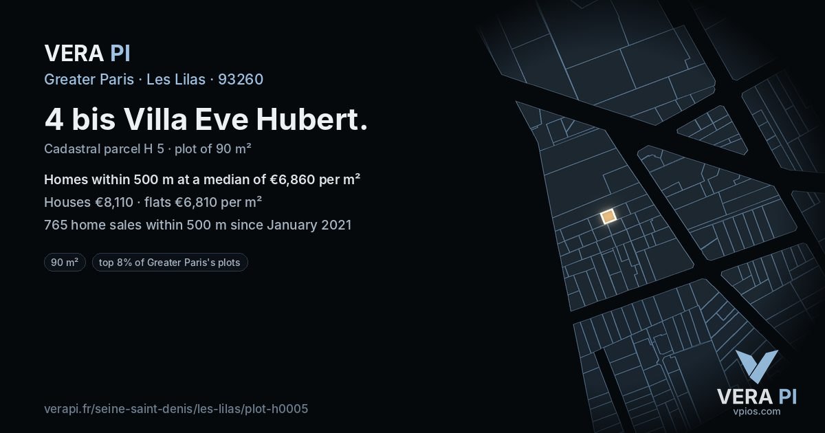 4 bis Villa Eve Hubert, Les Lilas at night – the plot lit, the parcels around coloured by the prices near them