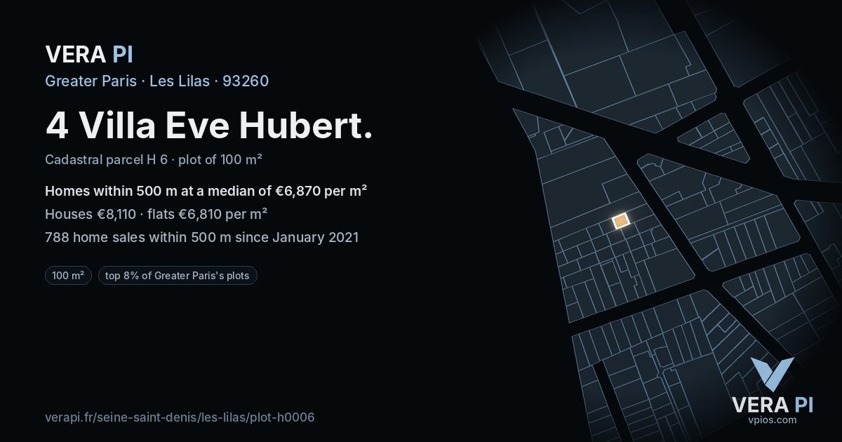 4 Villa Eve Hubert, Les Lilas at night – the plot lit, the parcels around coloured by the prices near them