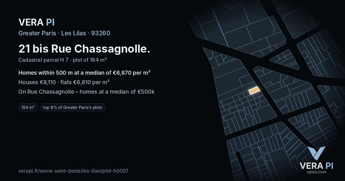 21 bis Rue Chassagnolle, Les Lilas at night – the plot lit, the parcels around coloured by the prices near them