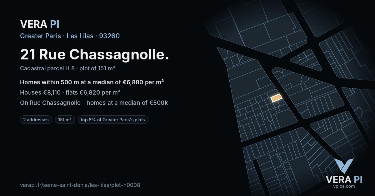 21 Rue Chassagnolle, Les Lilas at night – the plot lit, the parcels around coloured by the prices near them