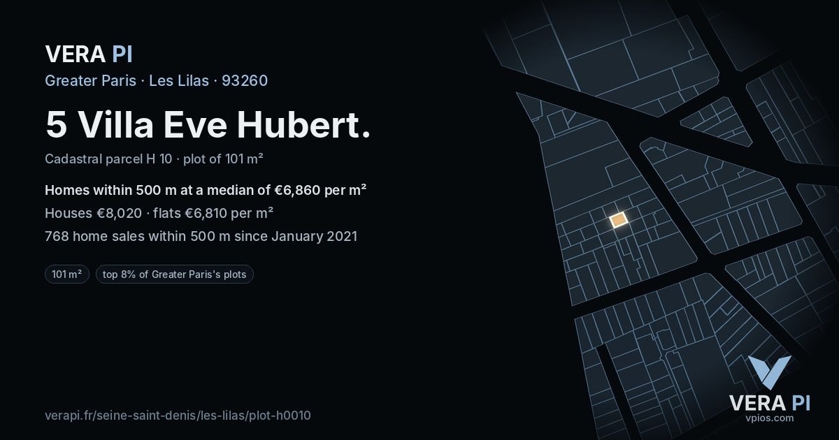 5 Villa Eve Hubert, Les Lilas at night – the plot lit, the parcels around coloured by the prices near them