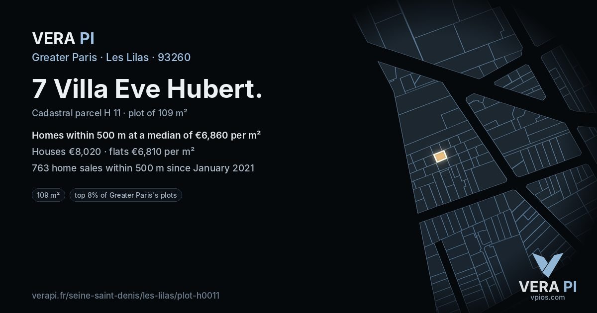 7 Villa Eve Hubert, Les Lilas at night – the plot lit, the parcels around coloured by the prices near them