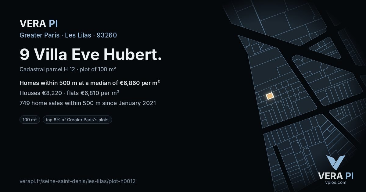 9 Villa Eve Hubert, Les Lilas at night – the plot lit, the parcels around coloured by the prices near them