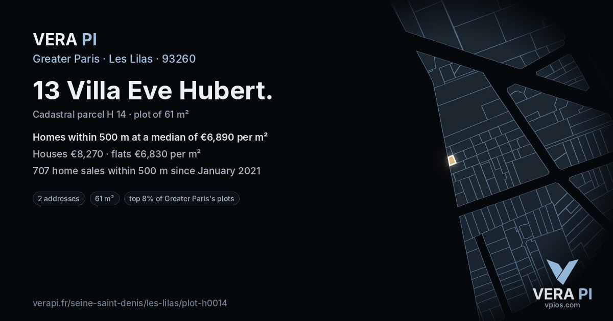 13 Villa Eve Hubert, Les Lilas at night – the plot lit, the parcels around coloured by the prices near them