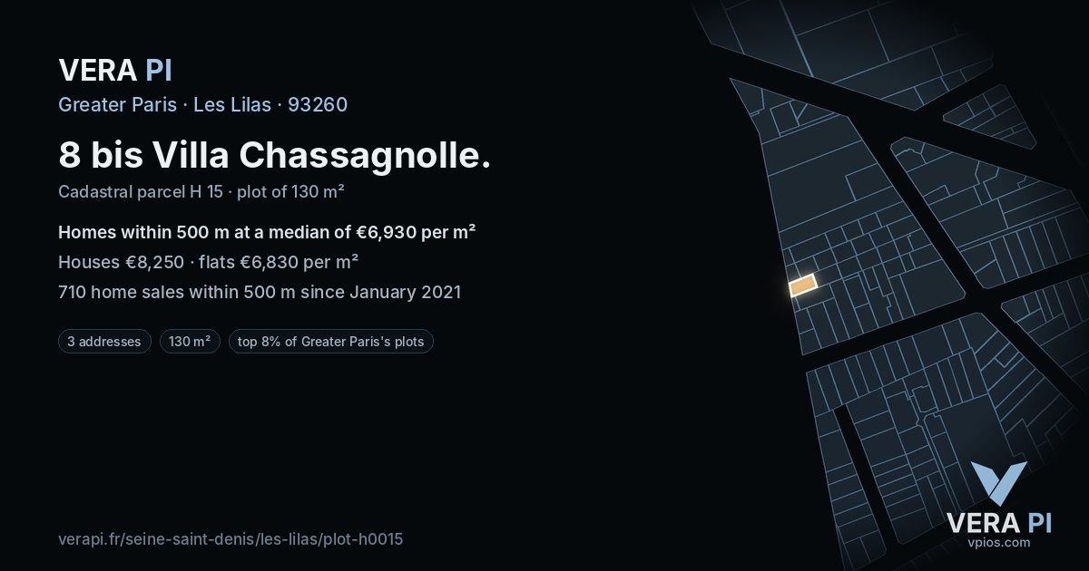 8 bis Villa Chassagnolle, Les Lilas at night – the plot lit, the parcels around coloured by the prices near them