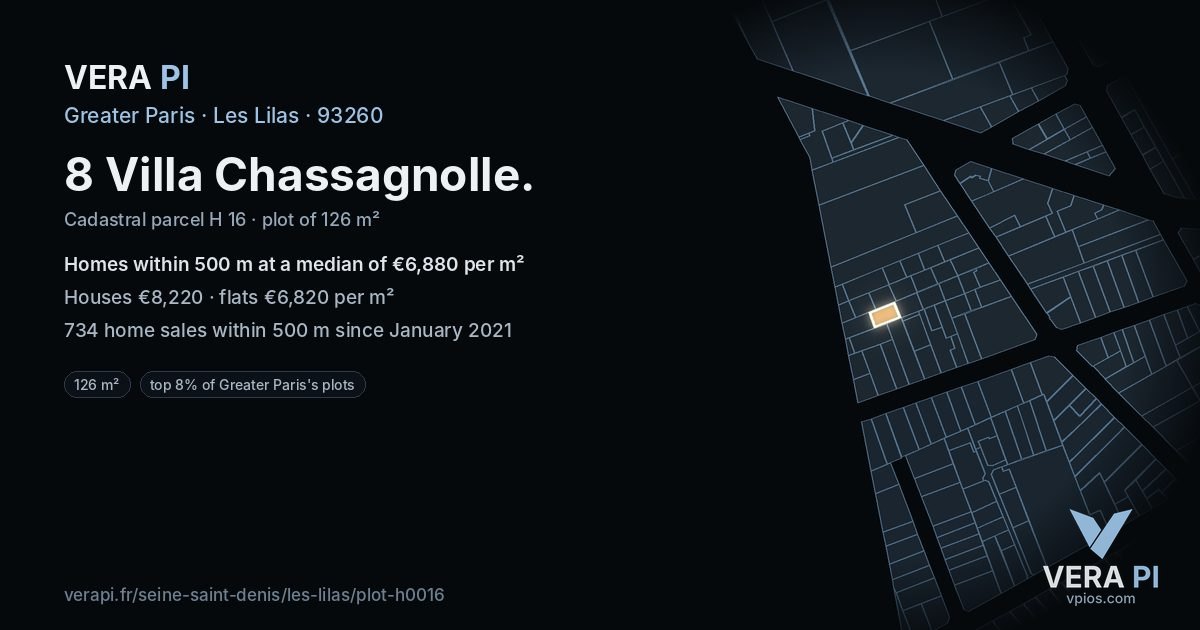 8 Villa Chassagnolle, Les Lilas at night – the plot lit, the parcels around coloured by the prices near them