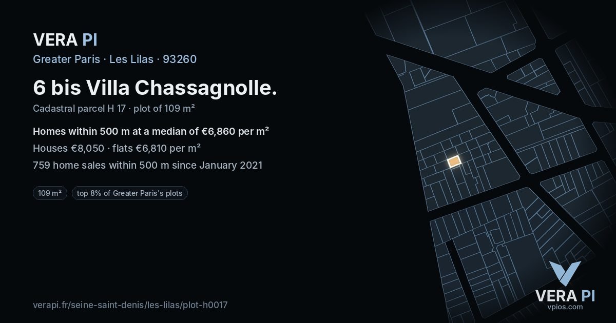 6 bis Villa Chassagnolle, Les Lilas at night – the plot lit, the parcels around coloured by the prices near them