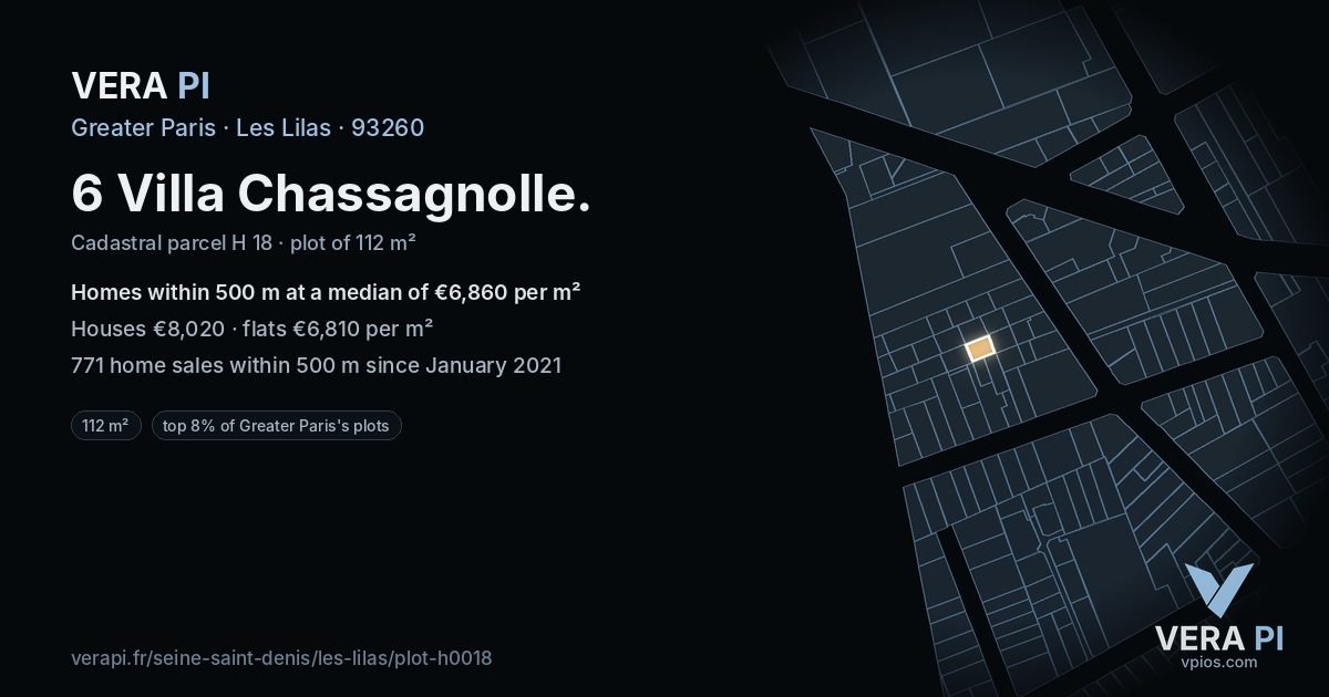 6 Villa Chassagnolle, Les Lilas at night – the plot lit, the parcels around coloured by the prices near them