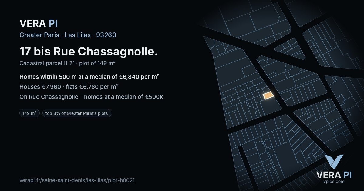 17 bis Rue Chassagnolle, Les Lilas at night – the plot lit, the parcels around coloured by the prices near them
