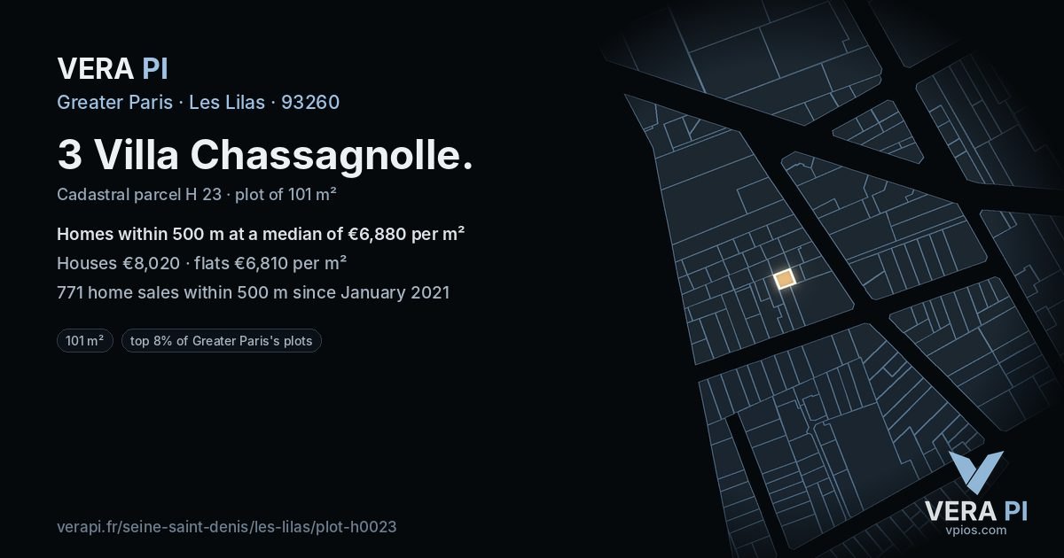 3 Villa Chassagnolle, Les Lilas at night – the plot lit, the parcels around coloured by the prices near them