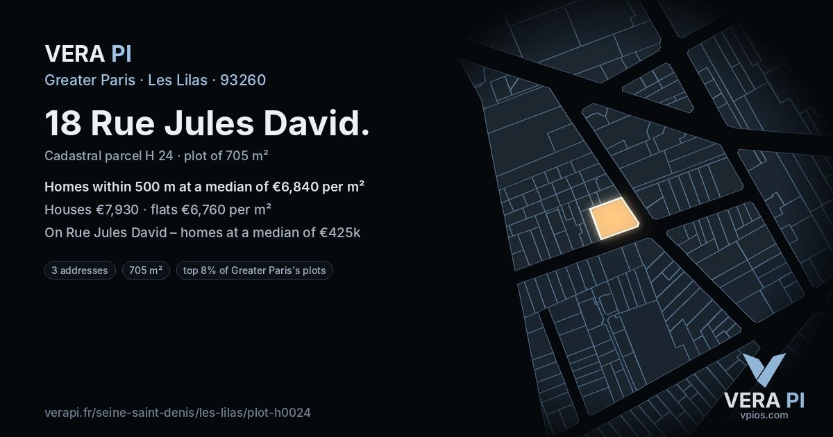 18 Rue Jules David, Les Lilas at night – the plot lit, the parcels around coloured by the prices near them