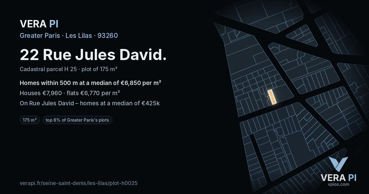 22 Rue Jules David, Les Lilas at night – the plot lit, the parcels around coloured by the prices near them