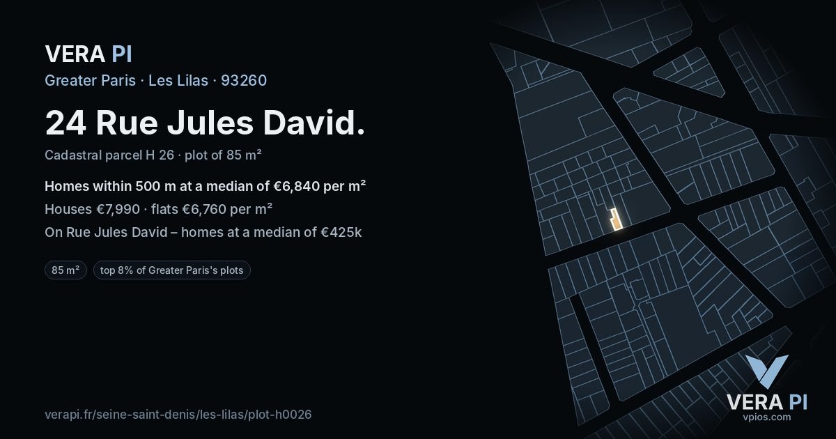 24 Rue Jules David, Les Lilas at night – the plot lit, the parcels around coloured by the prices near them
