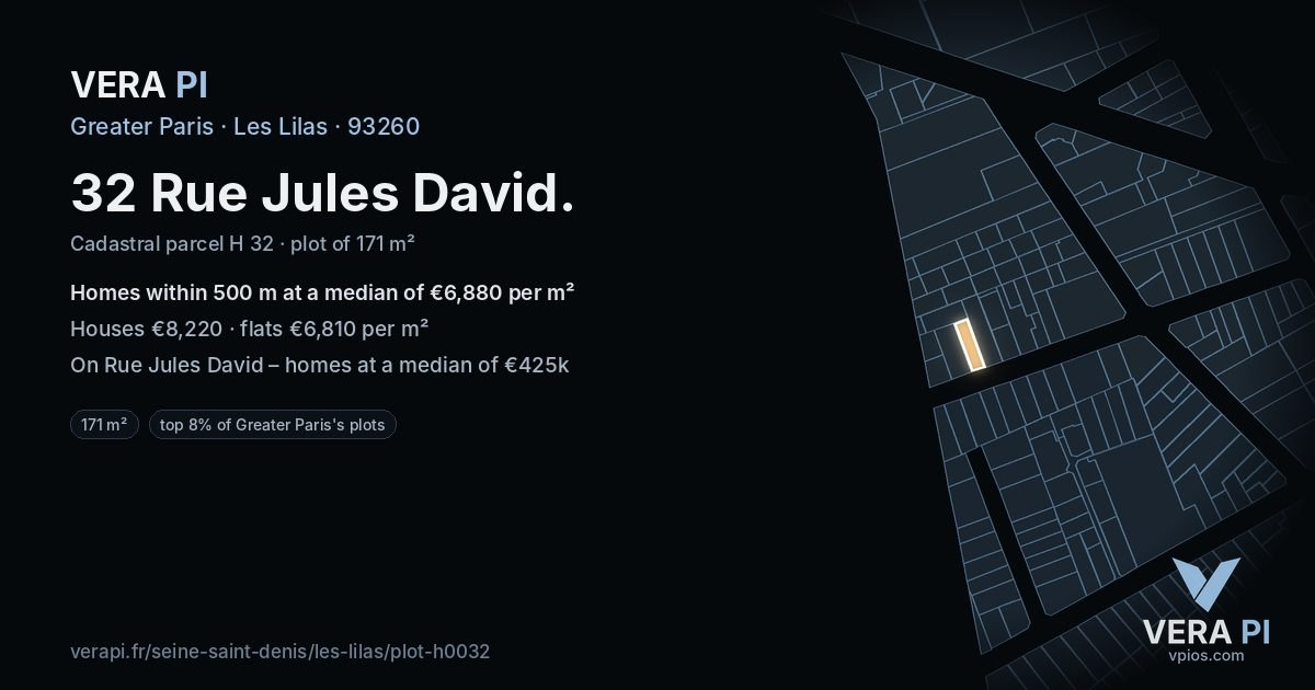 32 Rue Jules David, Les Lilas at night – the plot lit, the parcels around coloured by the prices near them