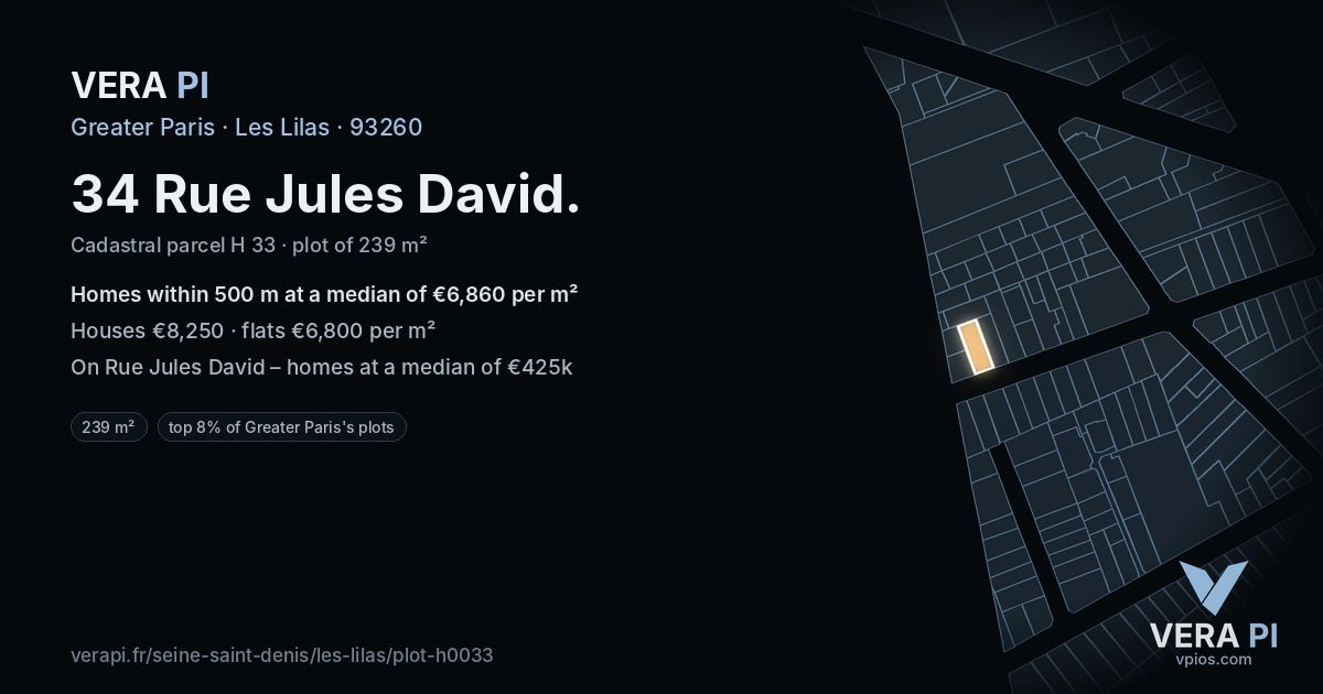 34 Rue Jules David, Les Lilas at night – the plot lit, the parcels around coloured by the prices near them