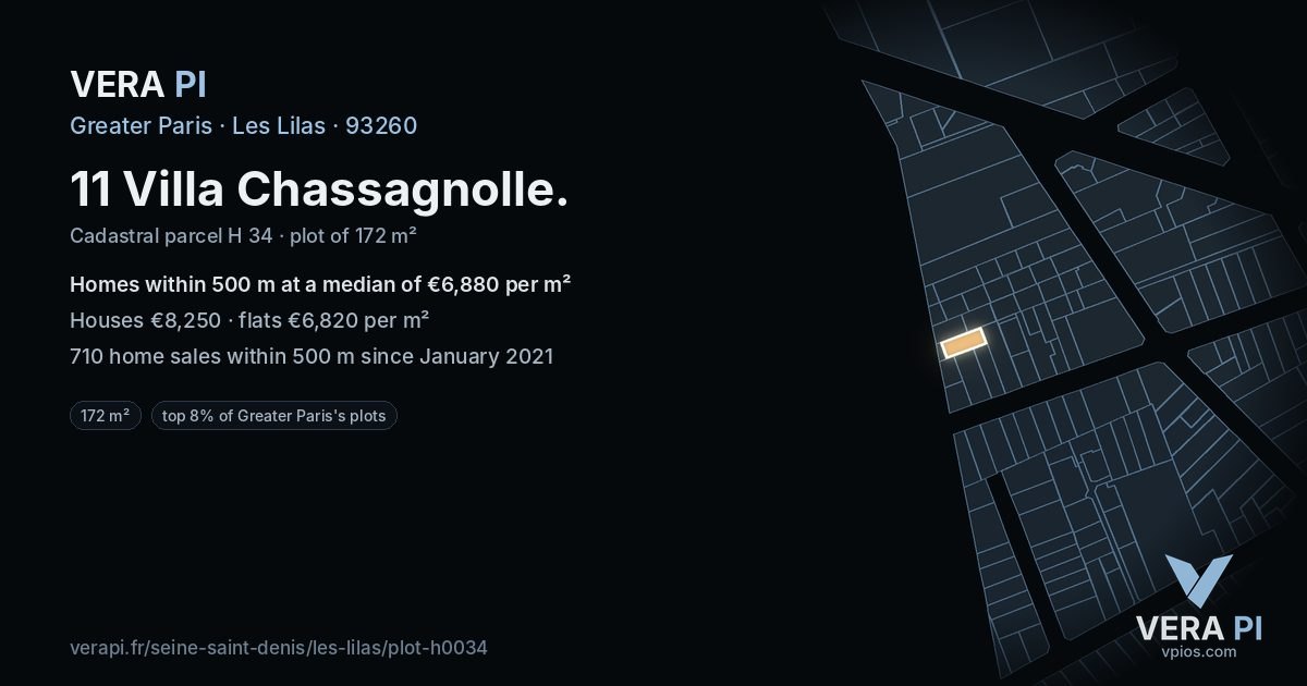 11 Villa Chassagnolle, Les Lilas at night – the plot lit, the parcels around coloured by the prices near them