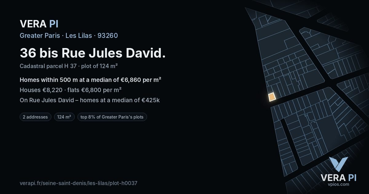36 bis Rue Jules David, Les Lilas at night – the plot lit, the parcels around coloured by the prices near them