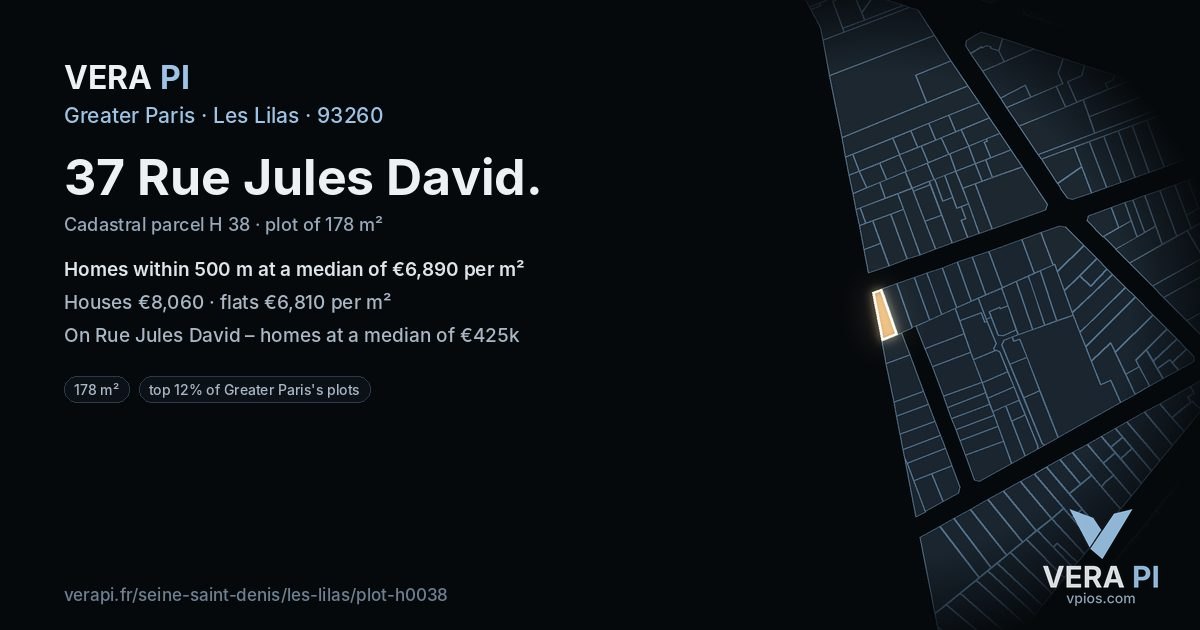37 Rue Jules David, Les Lilas at night – the plot lit, the parcels around coloured by the prices near them