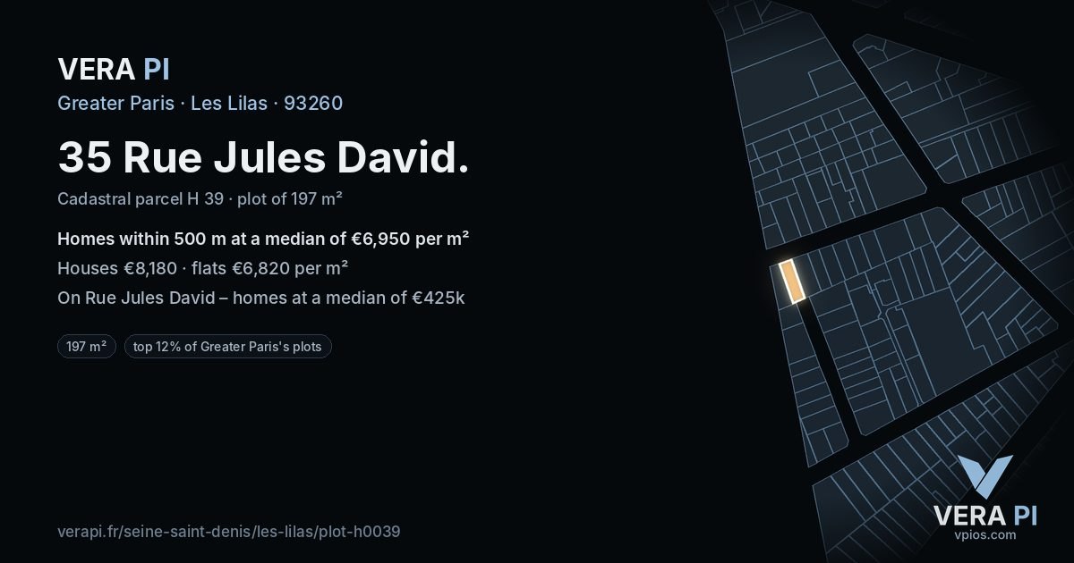 35 Rue Jules David, Les Lilas at night – the plot lit, the parcels around coloured by the prices near them