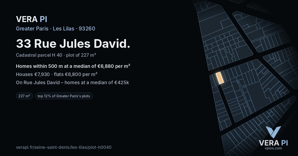 33 Rue Jules David, Les Lilas at night – the plot lit, the parcels around coloured by the prices near them