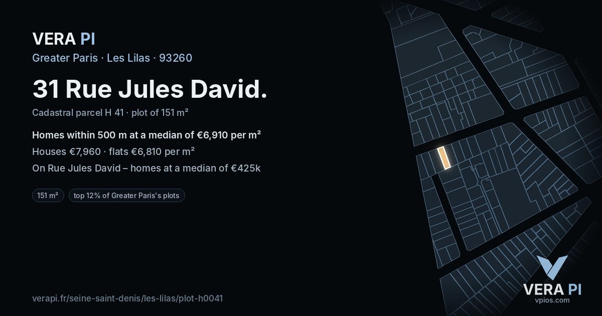 31 Rue Jules David, Les Lilas at night – the plot lit, the parcels around coloured by the prices near them