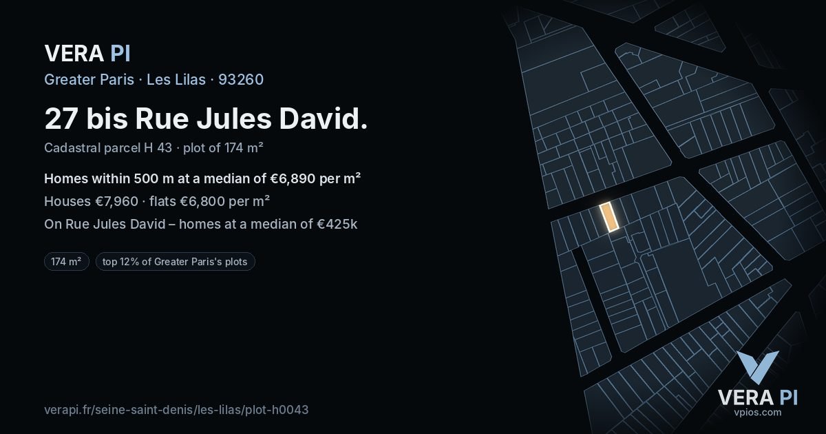 27 bis Rue Jules David, Les Lilas at night – the plot lit, the parcels around coloured by the prices near them