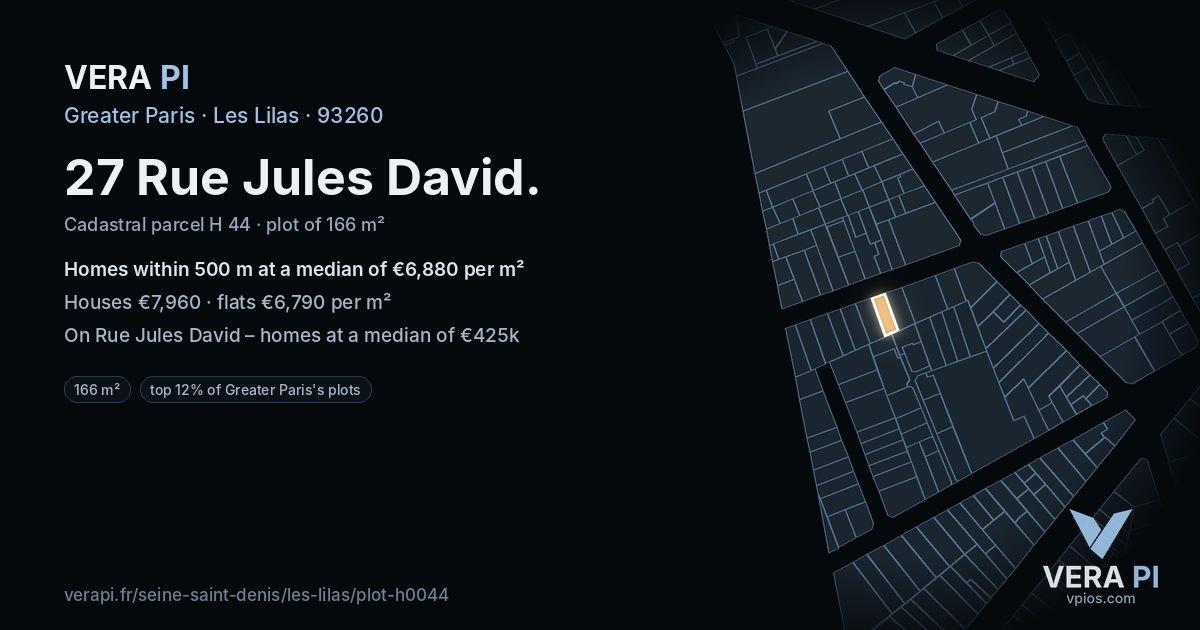 27 Rue Jules David, Les Lilas at night – the plot lit, the parcels around coloured by the prices near them