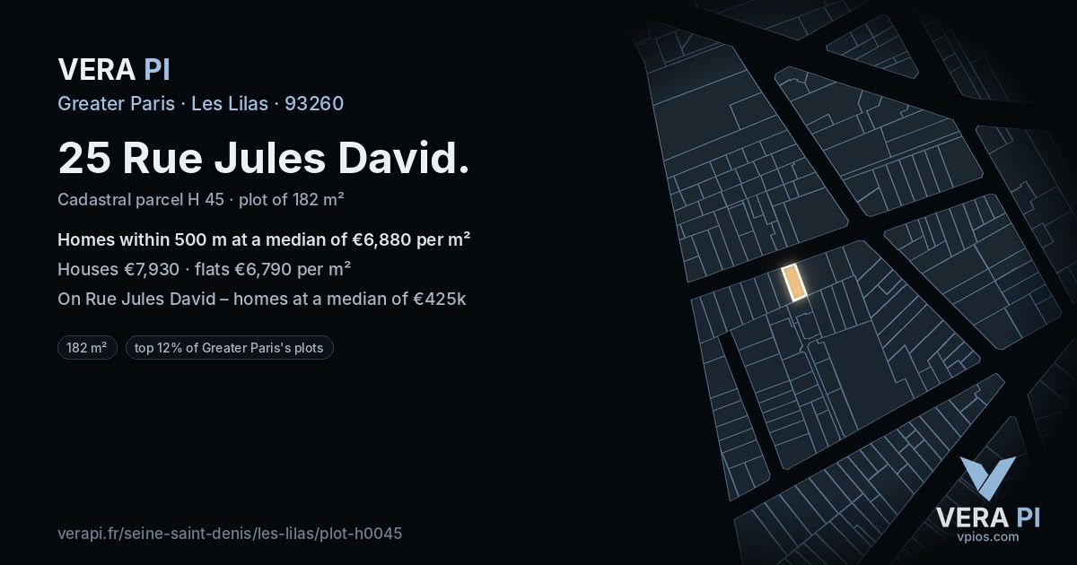 25 Rue Jules David, Les Lilas at night – the plot lit, the parcels around coloured by the prices near them