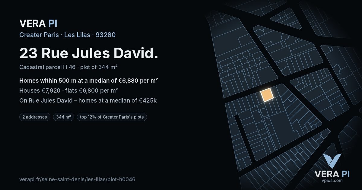 23 Rue Jules David, Les Lilas at night – the plot lit, the parcels around coloured by the prices near them