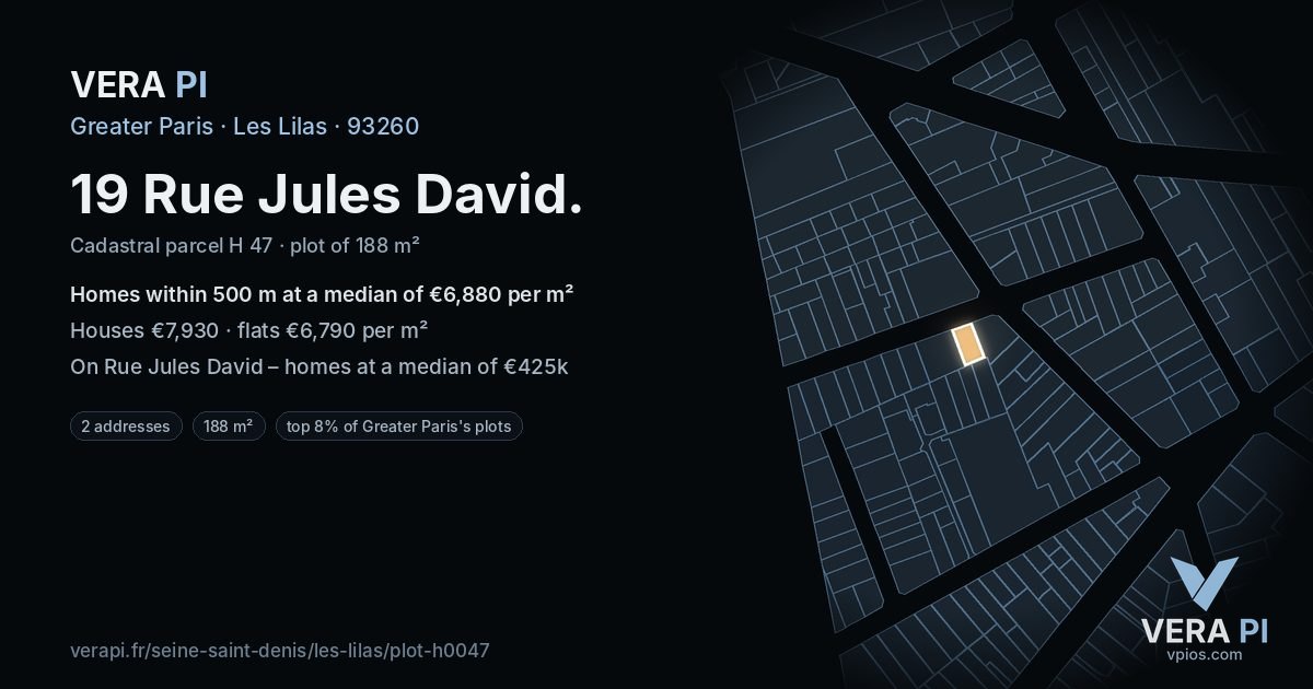 19 Rue Jules David, Les Lilas at night – the plot lit, the parcels around coloured by the prices near them
