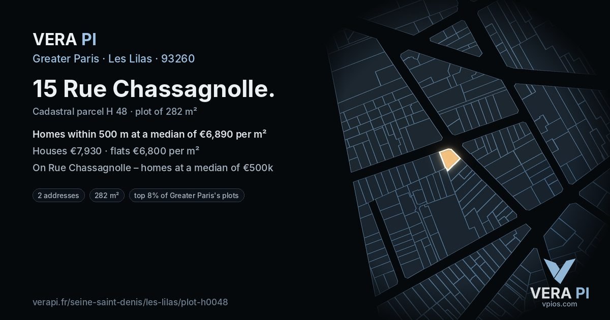 15 Rue Chassagnolle, Les Lilas at night – the plot lit, the parcels around coloured by the prices near them