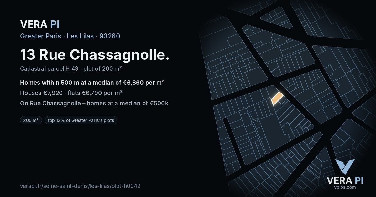 13 Rue Chassagnolle, Les Lilas at night – the plot lit, the parcels around coloured by the prices near them