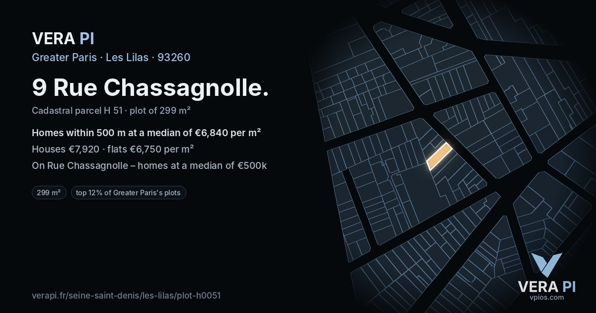 9 Rue Chassagnolle, Les Lilas at night – the plot lit, the parcels around coloured by the prices near them