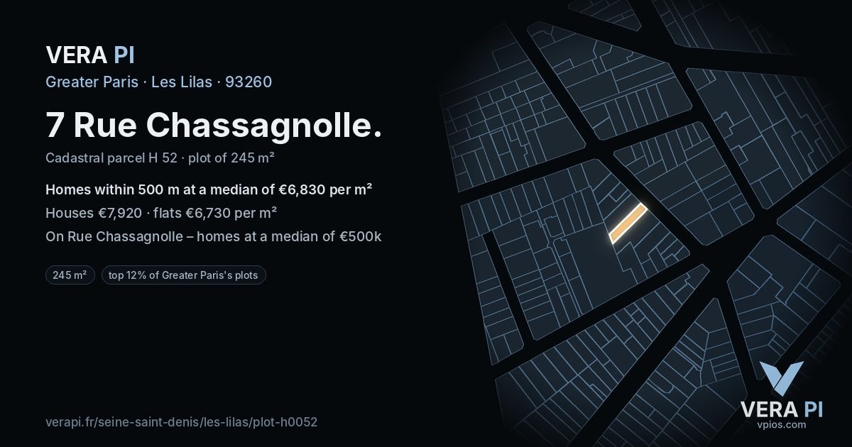 7 Rue Chassagnolle, Les Lilas at night – the plot lit, the parcels around coloured by the prices near them