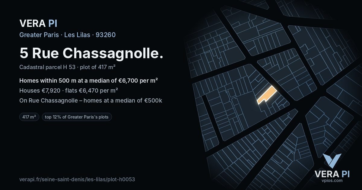 5 Rue Chassagnolle, Les Lilas at night – the plot lit, the parcels around coloured by the prices near them