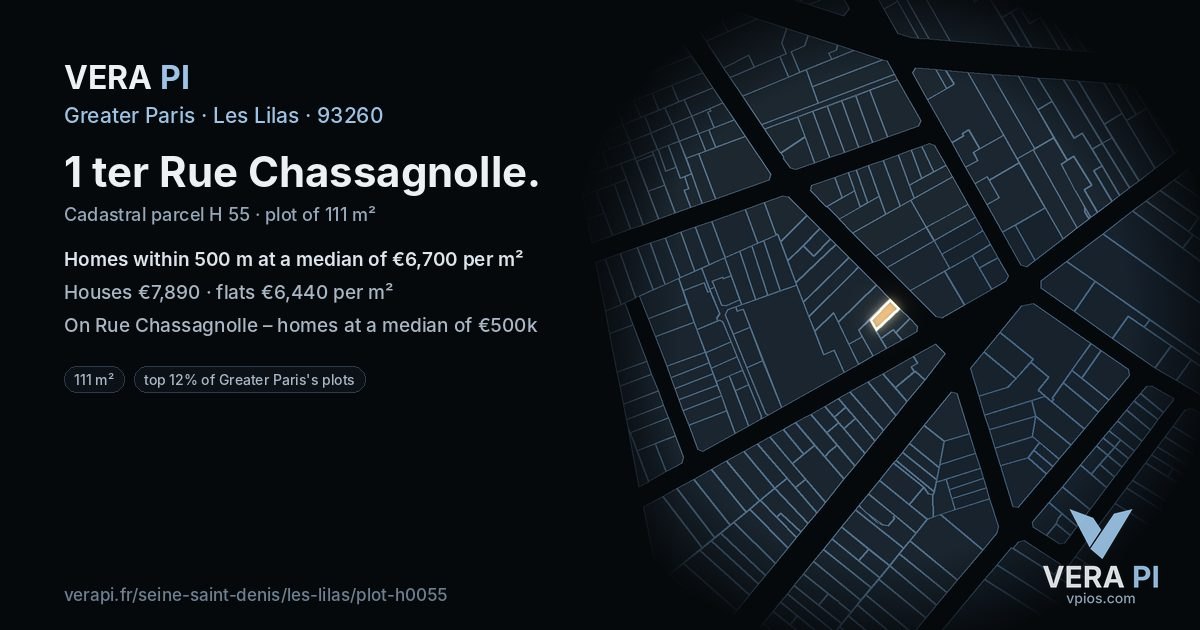 1 ter Rue Chassagnolle, Les Lilas at night – the plot lit, the parcels around coloured by the prices near them