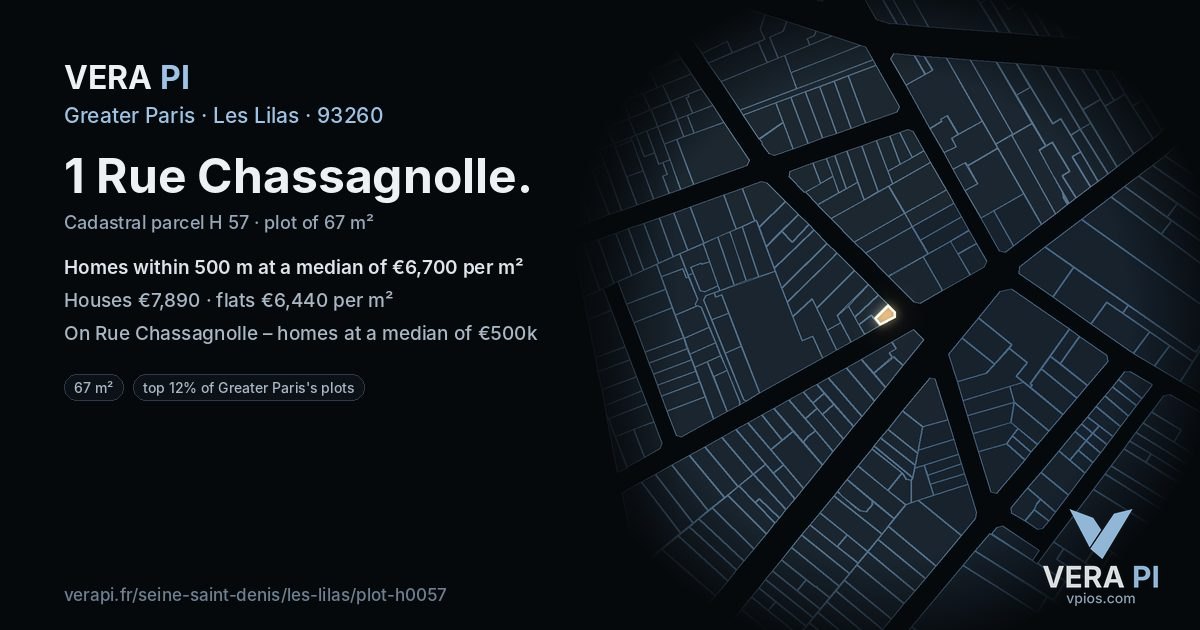 1 Rue Chassagnolle, Les Lilas at night – the plot lit, the parcels around coloured by the prices near them