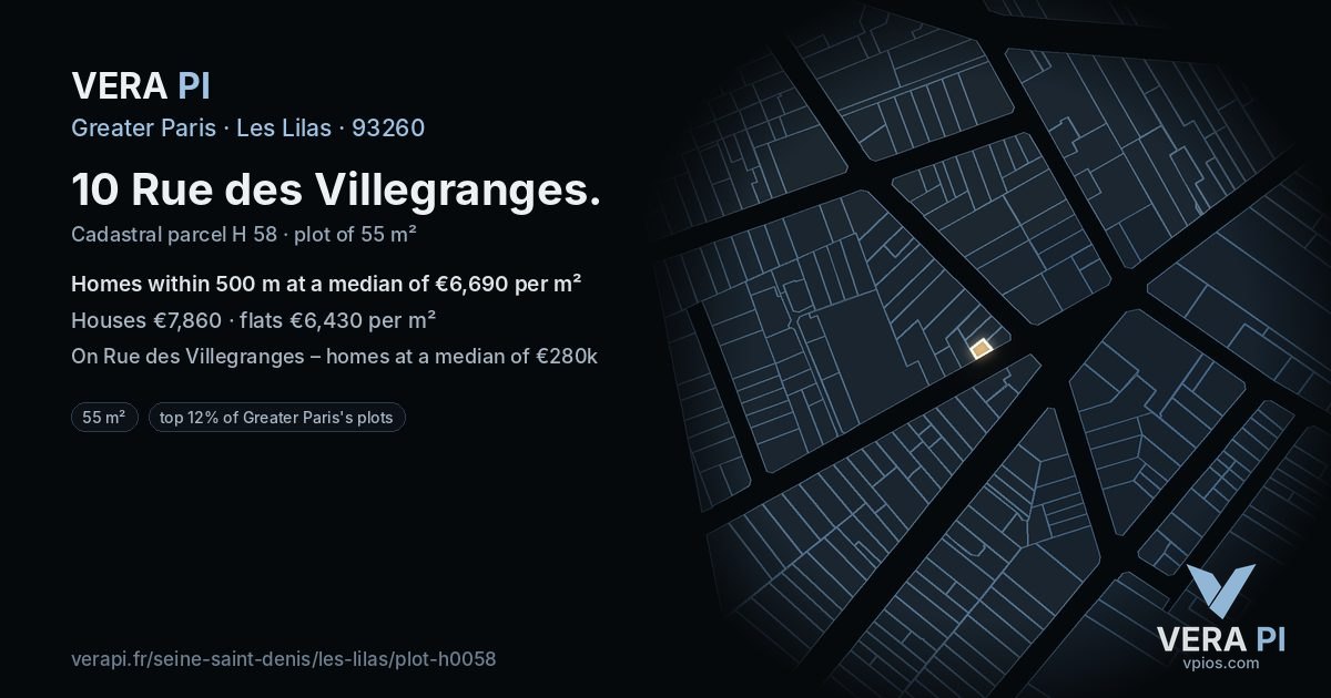10 Rue des Villegranges, Les Lilas at night – the plot lit, the parcels around coloured by the prices near them