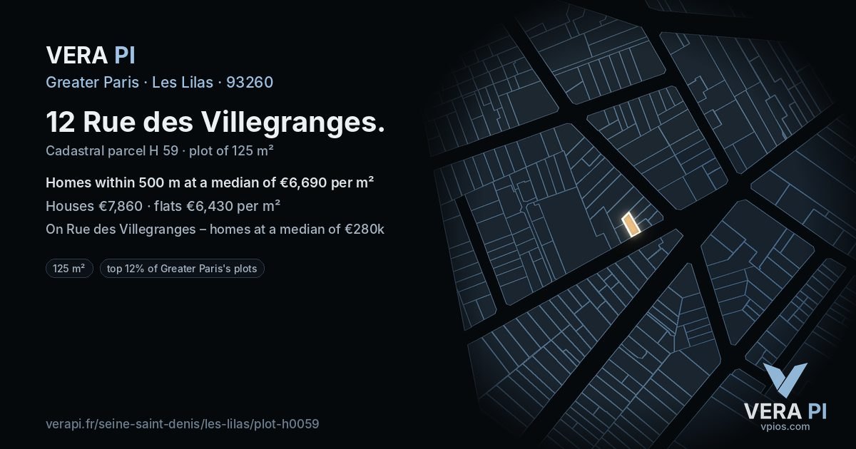 12 Rue des Villegranges, Les Lilas at night – the plot lit, the parcels around coloured by the prices near them