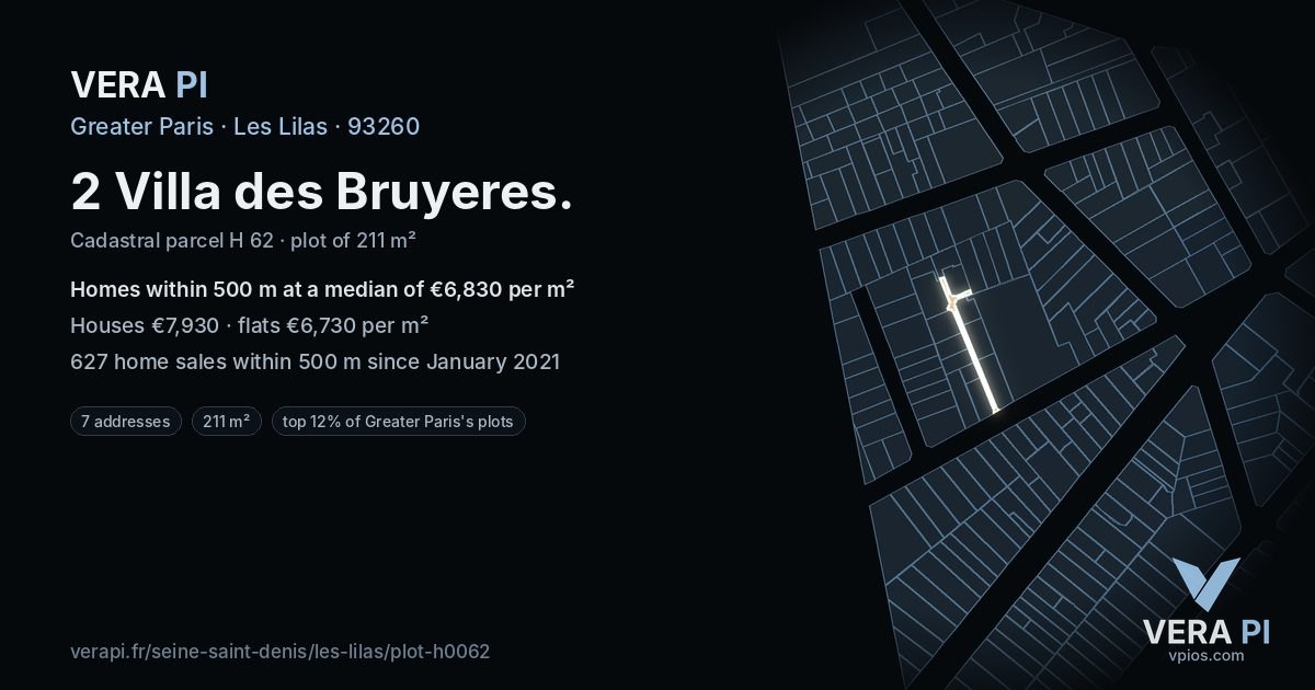 2 Villa des Bruyeres, Les Lilas at night – the plot lit, the parcels around coloured by the prices near them