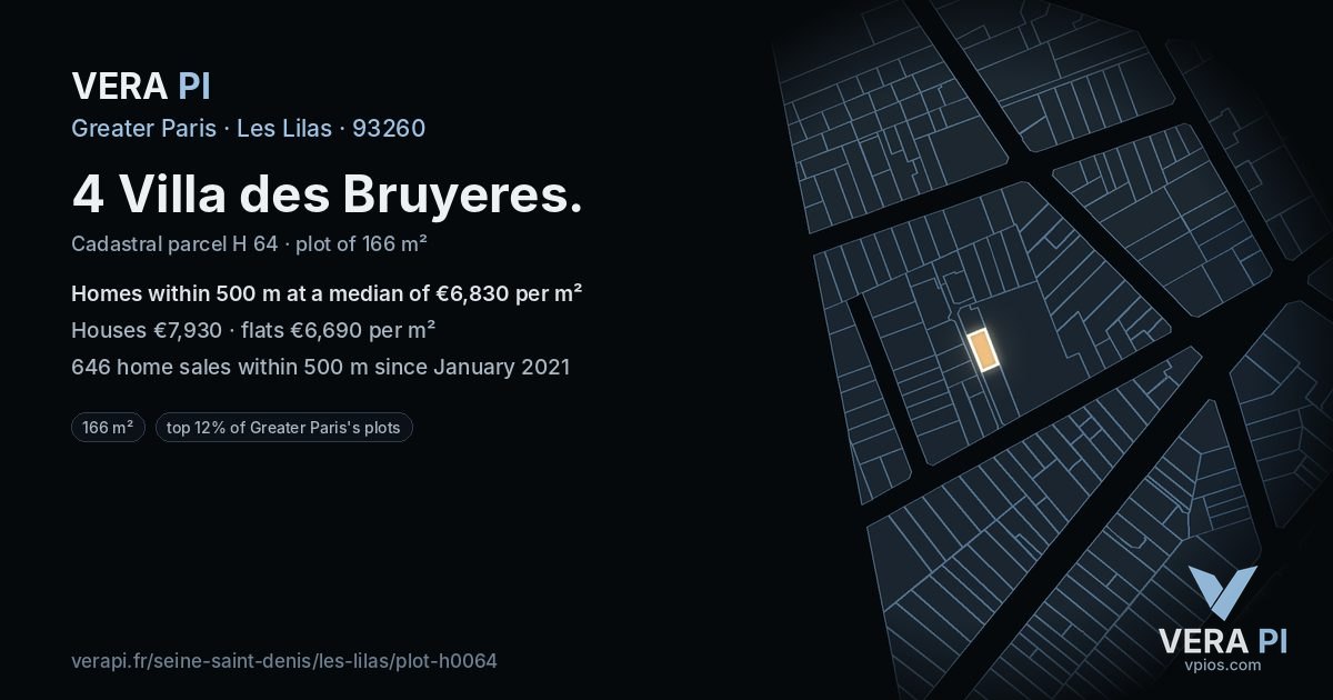 4 Villa des Bruyeres, Les Lilas at night – the plot lit, the parcels around coloured by the prices near them