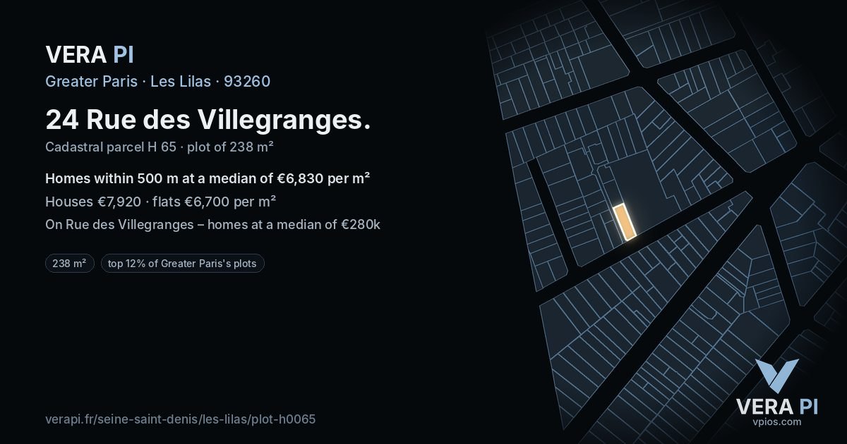 24 Rue des Villegranges, Les Lilas at night – the plot lit, the parcels around coloured by the prices near them