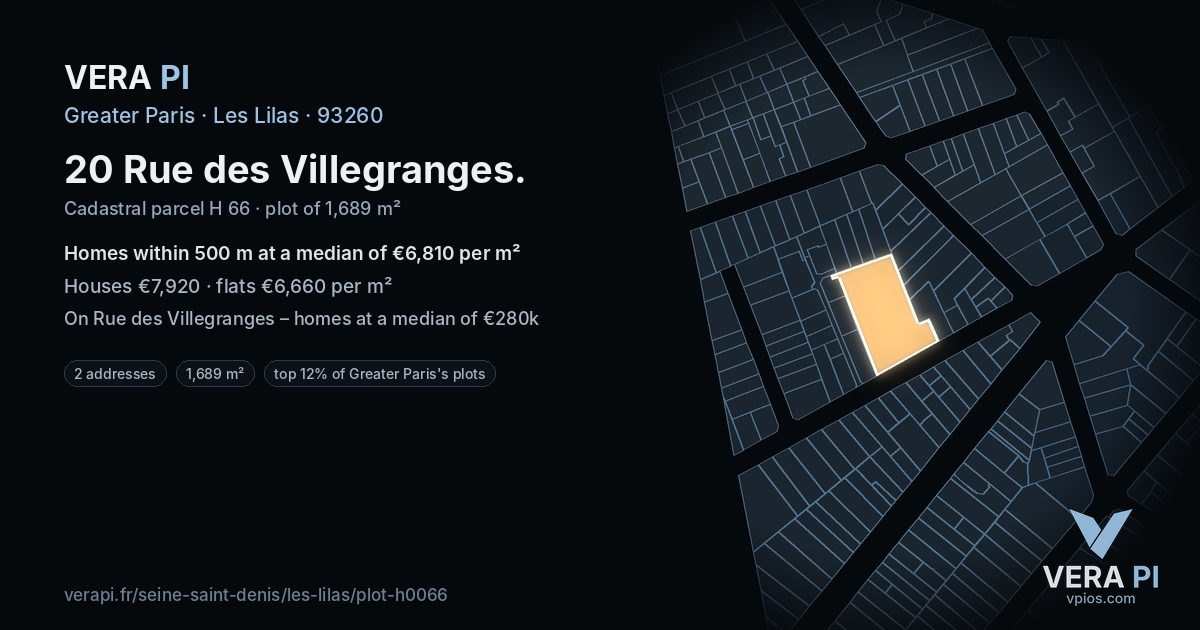 20 Rue des Villegranges, Les Lilas at night – the plot lit, the parcels around coloured by the prices near them