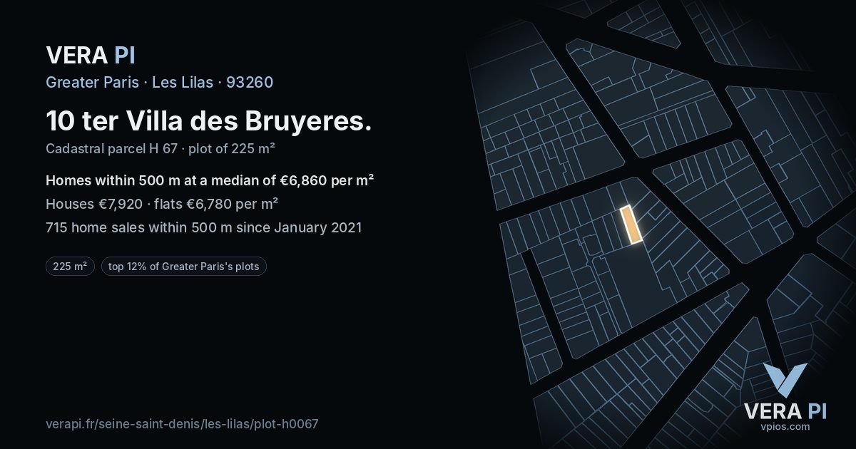 10 ter Villa des Bruyeres, Les Lilas at night – the plot lit, the parcels around coloured by the prices near them