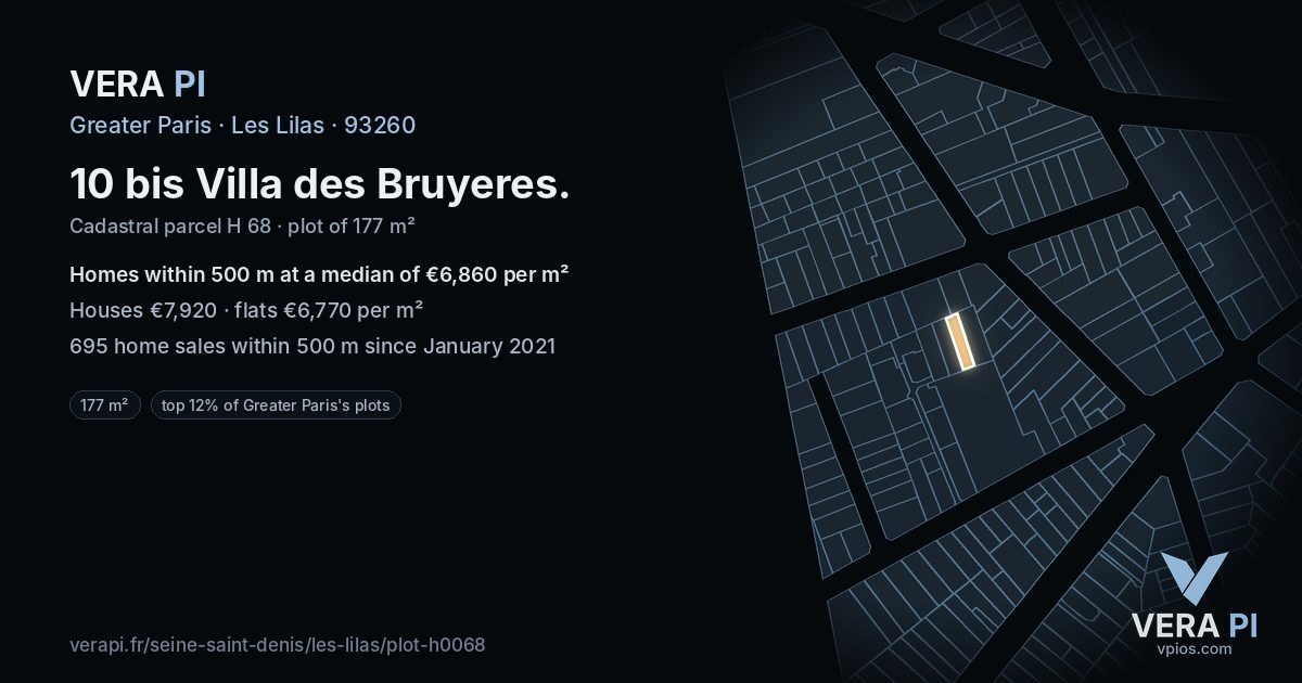 10 bis Villa des Bruyeres, Les Lilas at night – the plot lit, the parcels around coloured by the prices near them