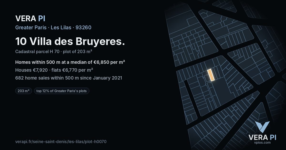 10 Villa des Bruyeres, Les Lilas at night – the plot lit, the parcels around coloured by the prices near them