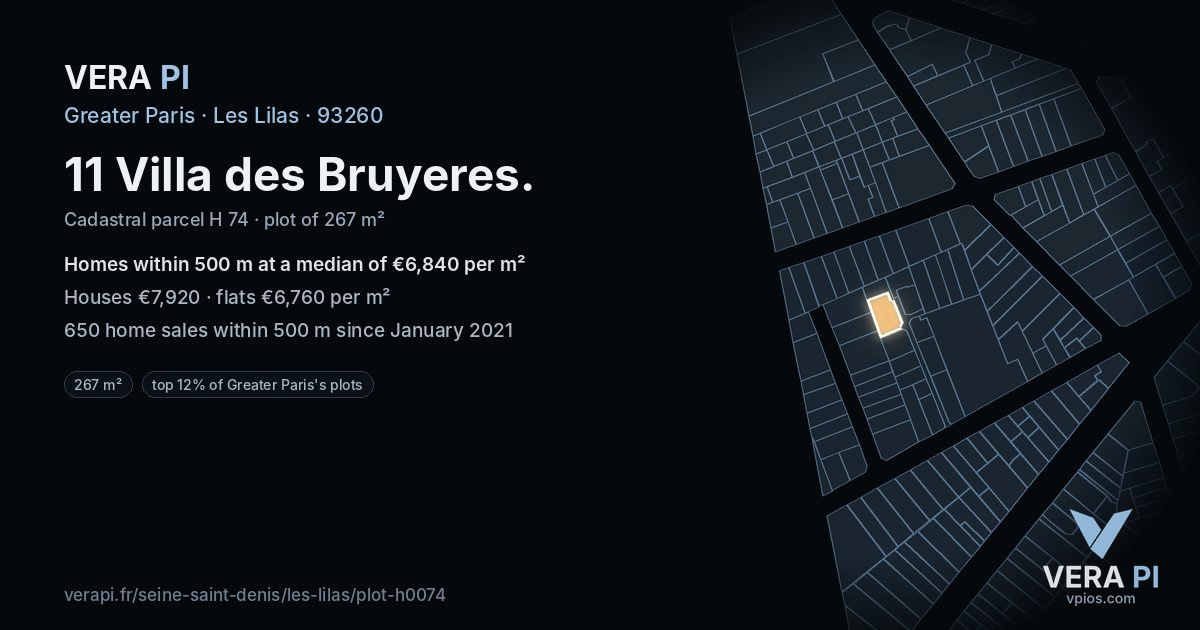 11 Villa des Bruyeres, Les Lilas at night – the plot lit, the parcels around coloured by the prices near them