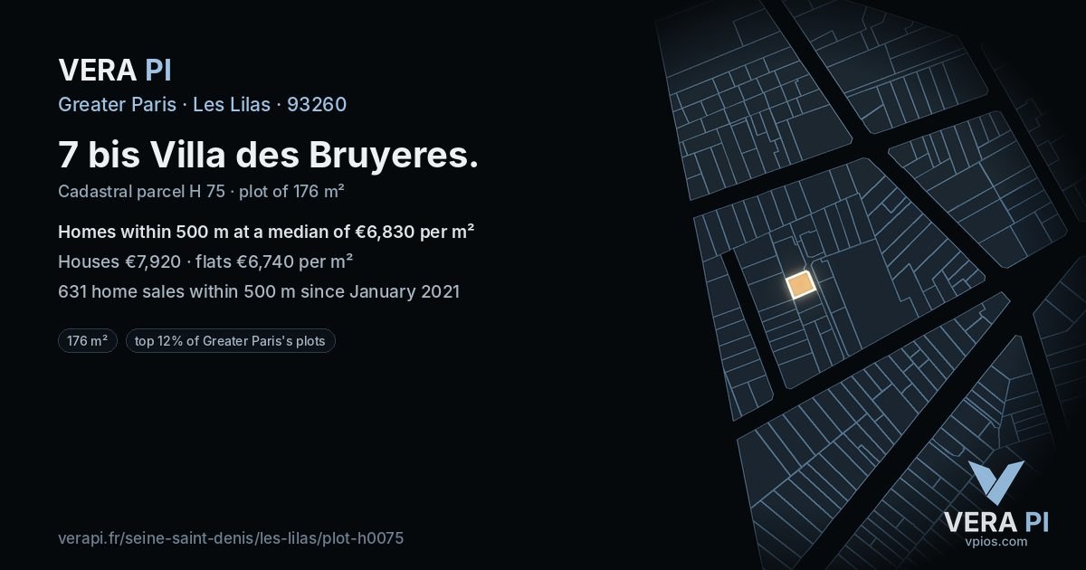 7 bis Villa des Bruyeres, Les Lilas at night – the plot lit, the parcels around coloured by the prices near them